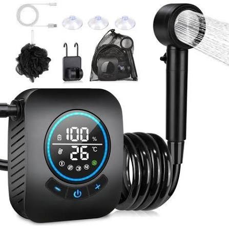 Midnight Smart-Display portable shower kit with round display, coiled hose and accessories