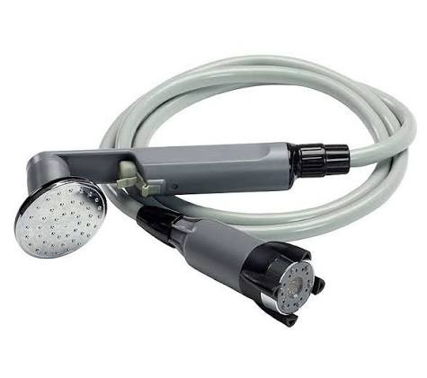 Grey portable shower wand with round chrome-face shower head and slide control, looped grey hose and cylindrical pump end with intake grille